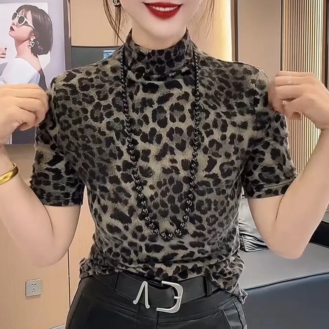 气质豹纹半高领短袖打底衫【实物偏深一些】