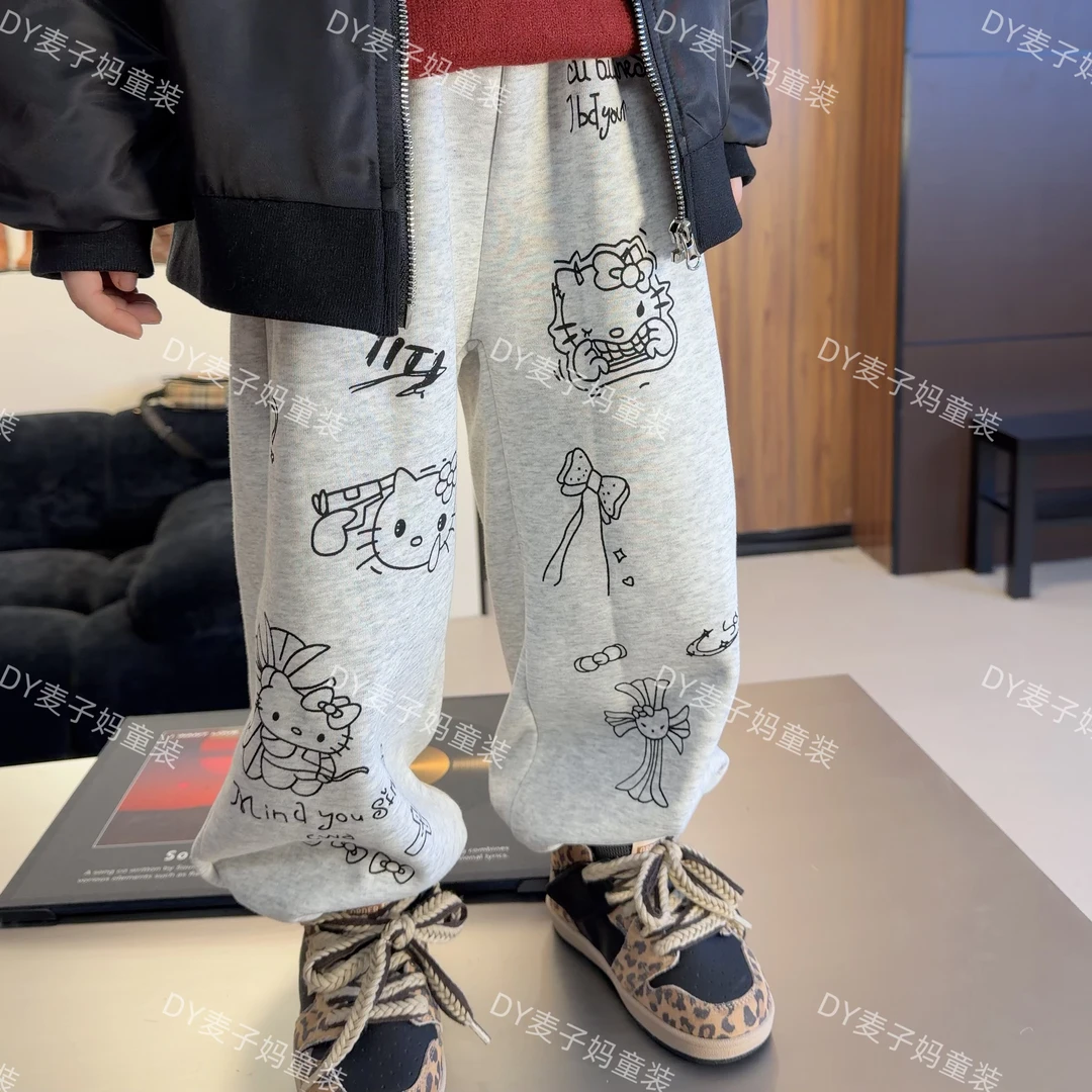 现货MZ.儿童冬季KT印花可爱加绒花灰色百搭束脚卫裤3270