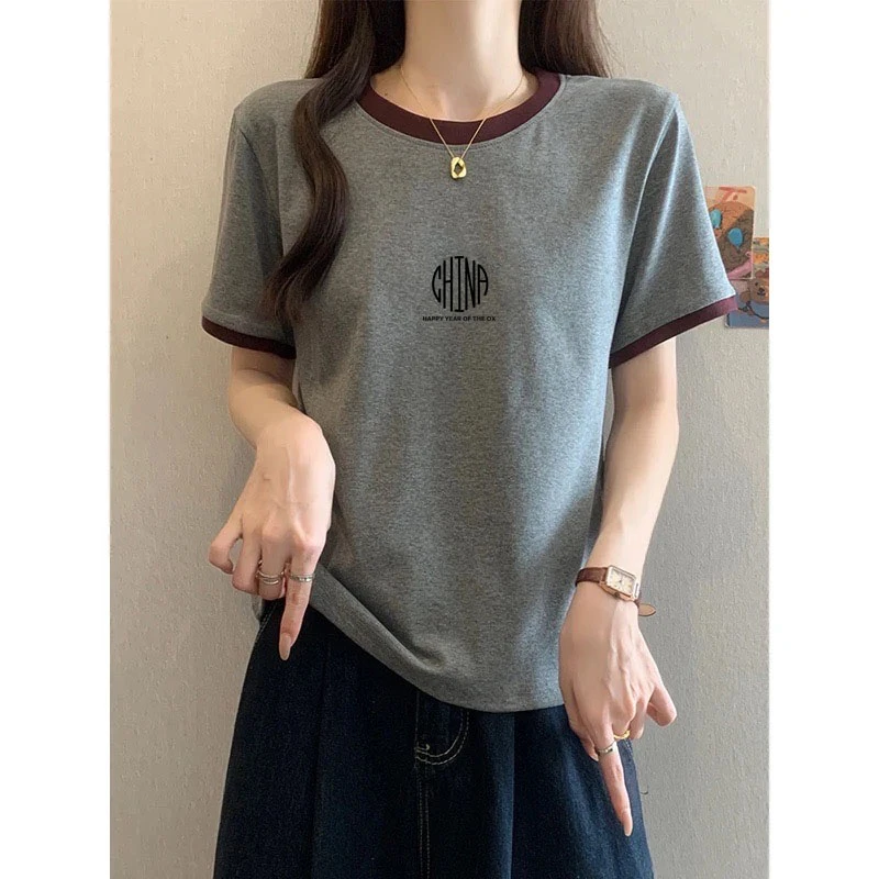 2025年夏季新款正肩拼色短袖T恤女时尚百搭洋气高级灰打底衫上衣