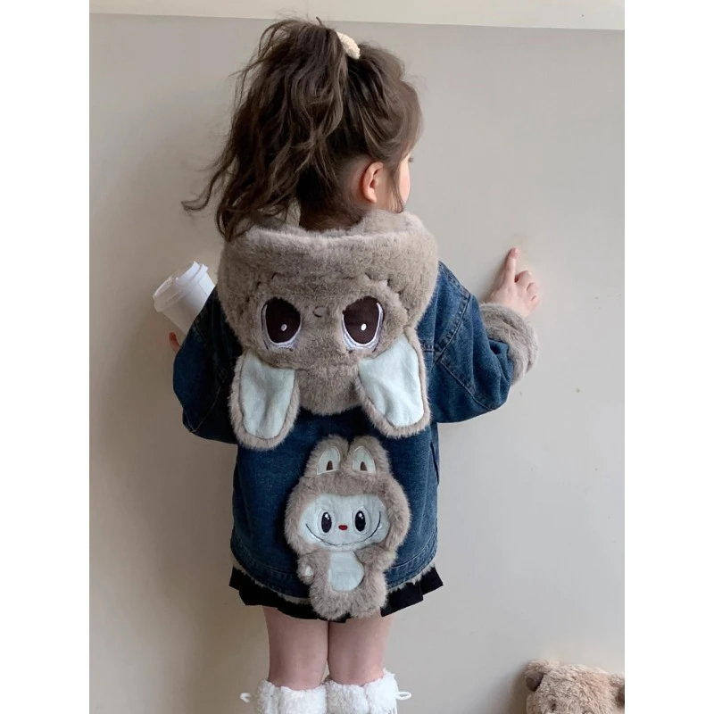 女童加绒牛仔外套秋冬季2025新款儿童拉布布保暖上衣宝宝可爱棉服