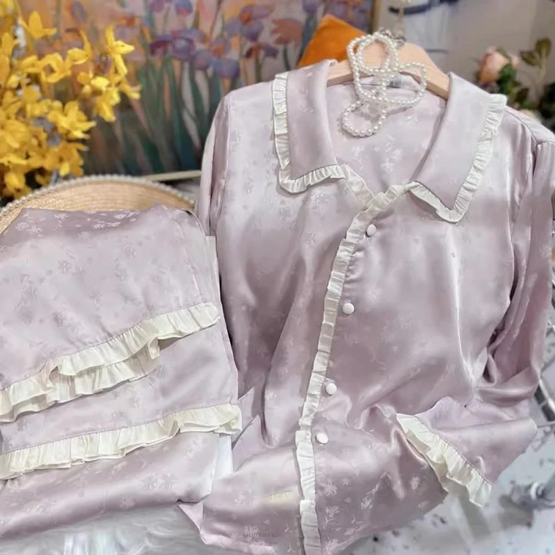 高级感休闲舒适简约睡衣女夏甜美花边新款长袖家居服两件套装批发
