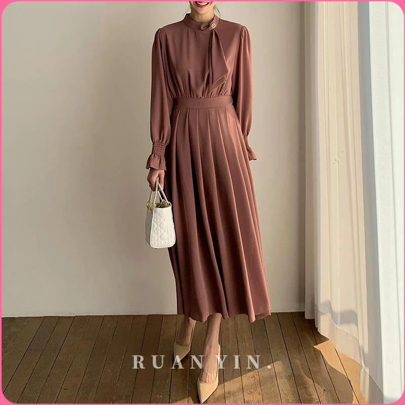 RUAN YIN立领飘带洋装女秋装款气质优雅高腰显瘦a字百褶裙长裙子