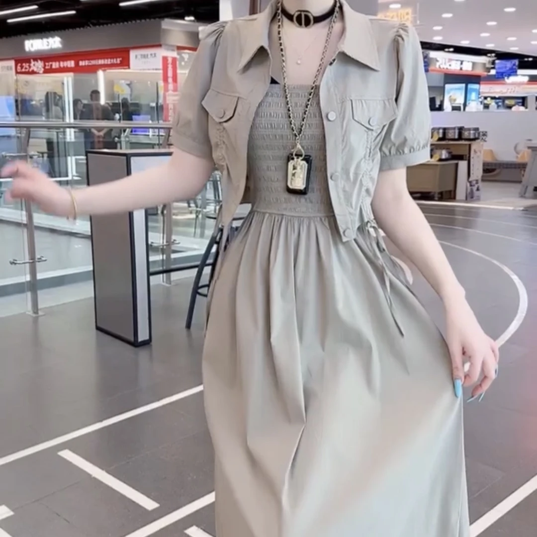 2025春夏新款时尚短外套搭配吊带连衣裙套装两件套