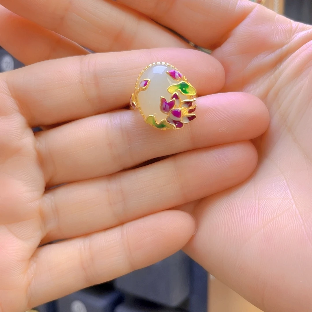 和田玉戒指银S925镀金镶嵌