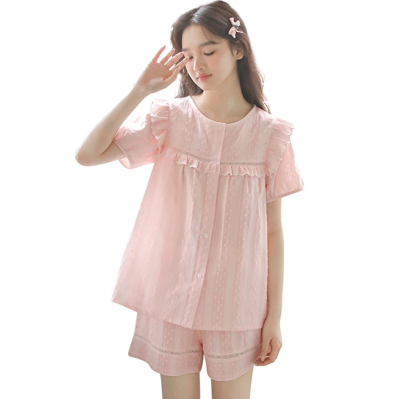 春夏新款纯棉法式甜美短袖短裤夏季家居服睡衣宽松夏天薄款套装