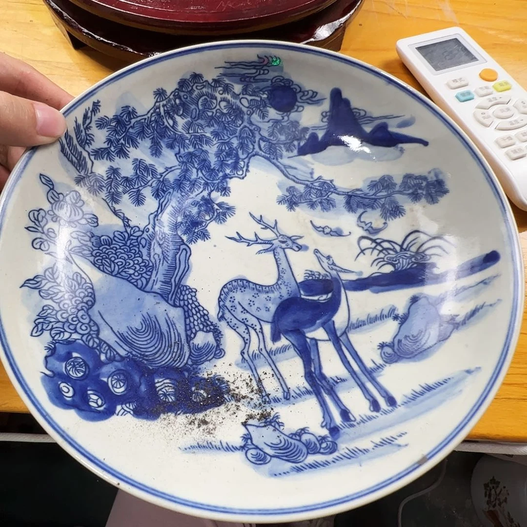 瓷片景德镇陶瓷鹿青花盘一只