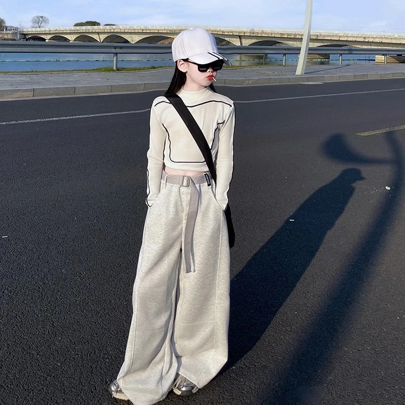 女童装春季两件套2025新款中大童时髦打底衫女孩炸街高腰阔腿长裤