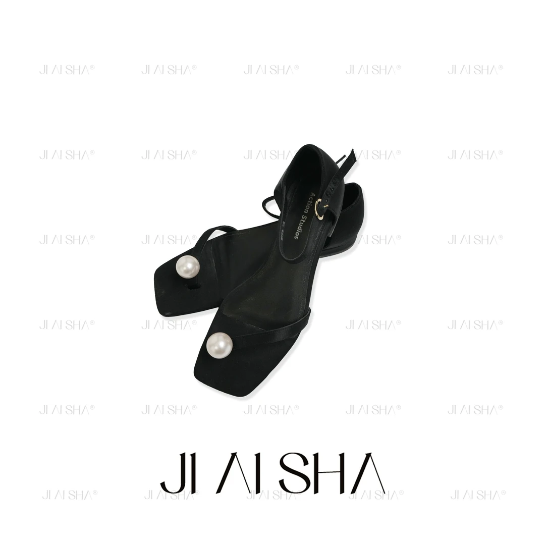 JAS 今屿 方头珍珠夹趾扣带粗跟凉鞋 JAS-JY-8899