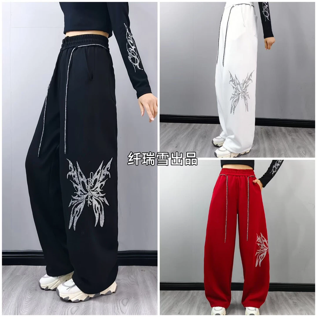 纤瑞雪正品【550款冬季复合棉直筒裤】街舞潮牌暗焰蝴蝶烫钻＋抽绳