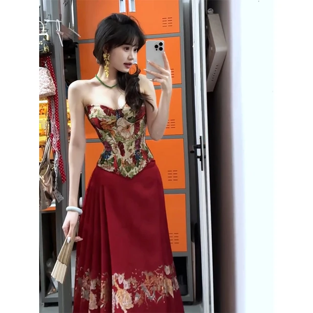 紬祗新中式国风马面裙套装女夏季高级感气质鱼骨抹胸上衣半身裙两