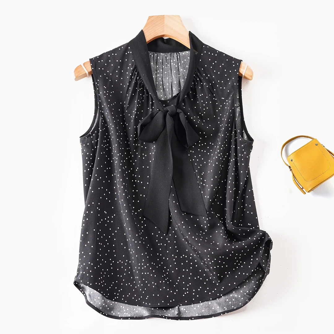 琸娅92%桑蚕丝建宏缎简约女装无袖绑带宽松时尚印花真丝背心