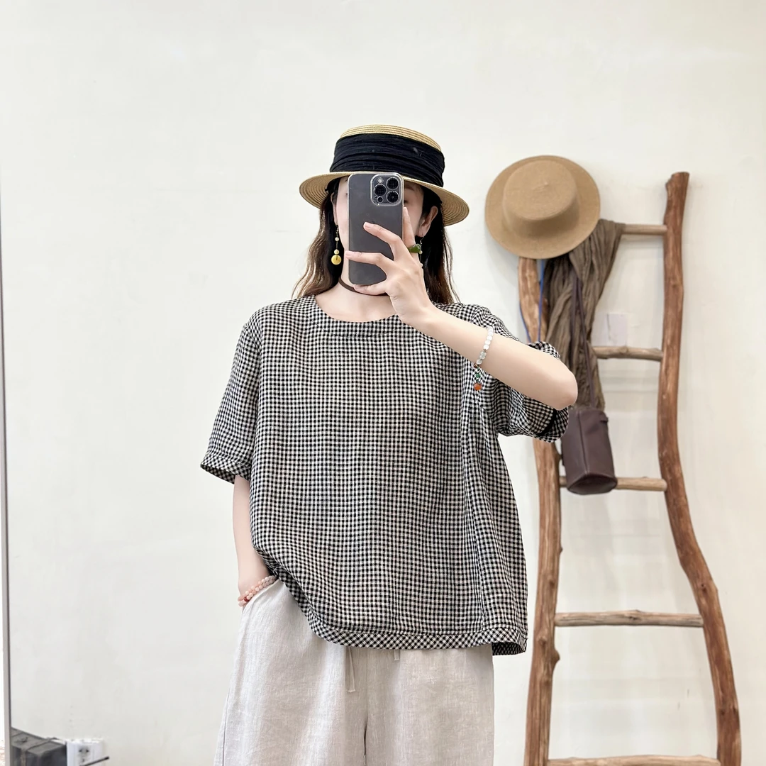 2025夏季新款高端雨露亚麻简约时尚色织小米格套头小衫原创设计