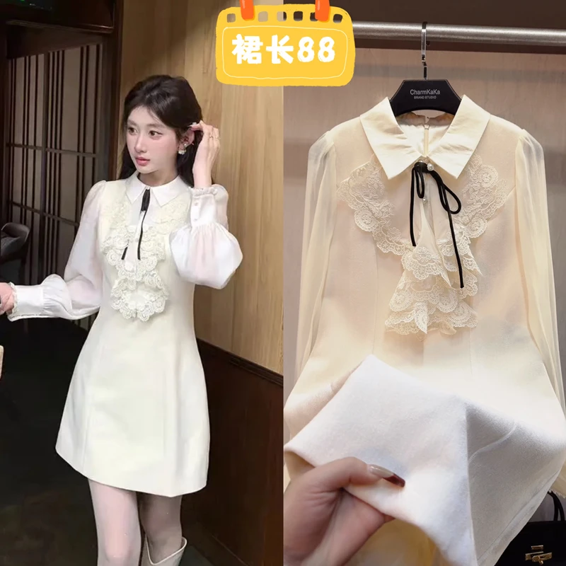 【香茶丽姿】62151拼接蕾丝蝴蝶结毛呢连衣裙