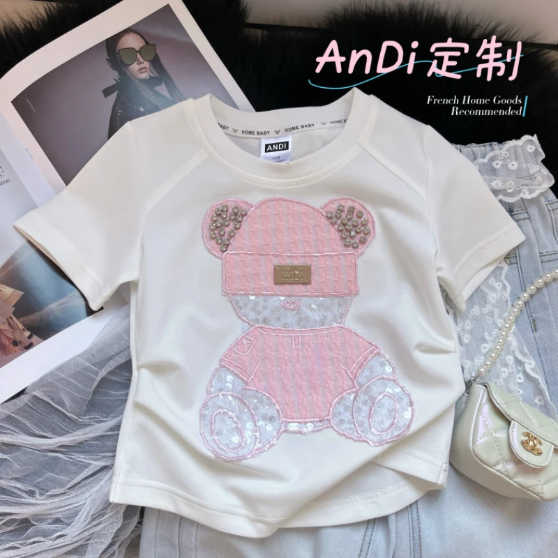 〖ANDI〗安迪夏季新款女童韩版时尚卡通熊圆领短袖T恤3755