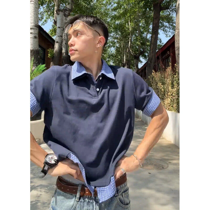 藏青色假两件格纹拼接polo衫短袖男款夏季美式复古t恤设计感衬衣