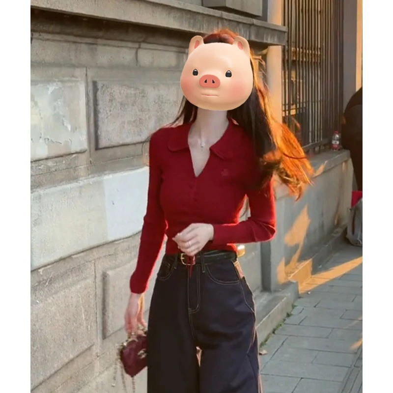 本命年穿搭红色长袖polo领针织打底衫女秋冬修身翻领内搭毛衣上衣