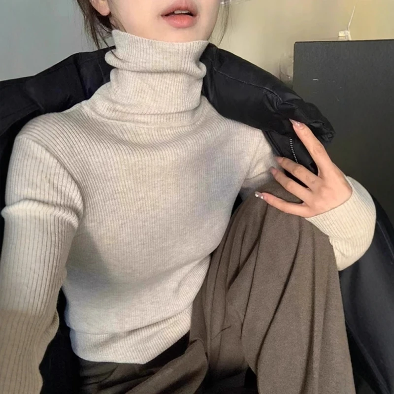 韩系高领针织打底衫女秋冬时尚气质修身洋气毛衣内搭显瘦正肩上衣