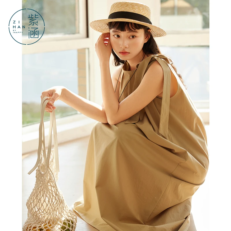 紫涵无袖挂脖连衣裙女2025夏季新款莱赛尔度假吊带长裙Z5Z04AS260