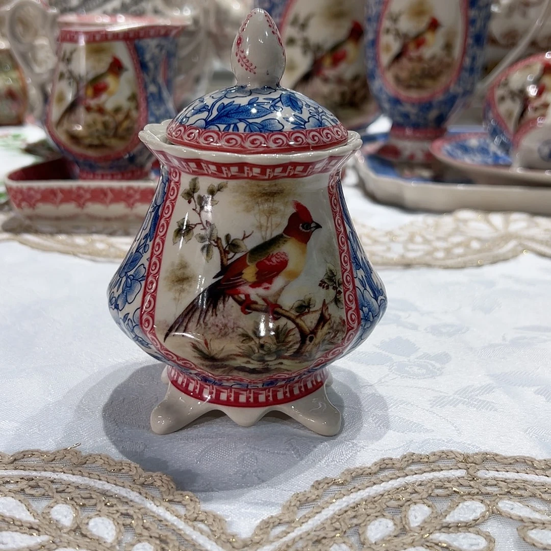 陶瓷中古黑瓷雅顿红金雀糖罐0316