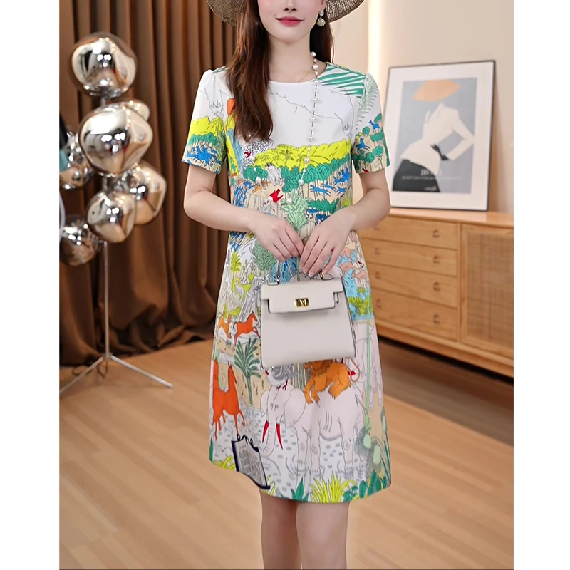 夏季新款透气收腰A字时尚气质中长裙显瘦减龄圆领短袖连衣裙77