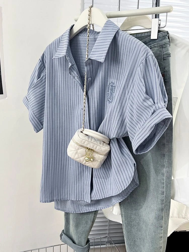 条纹蓝色刺绣正肩短袖衬衫女夏季设计感小众polo衬衣休闲宽松上衣