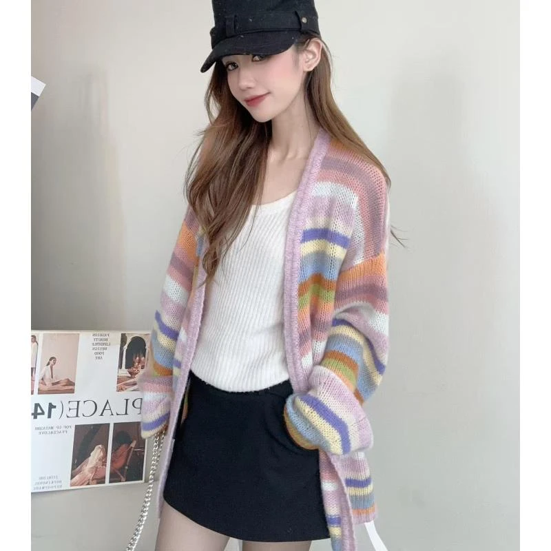 【俩月羊绒】轻奢255003-100山羊绒慵懒时尚条纹彩虹拼色针织开衫