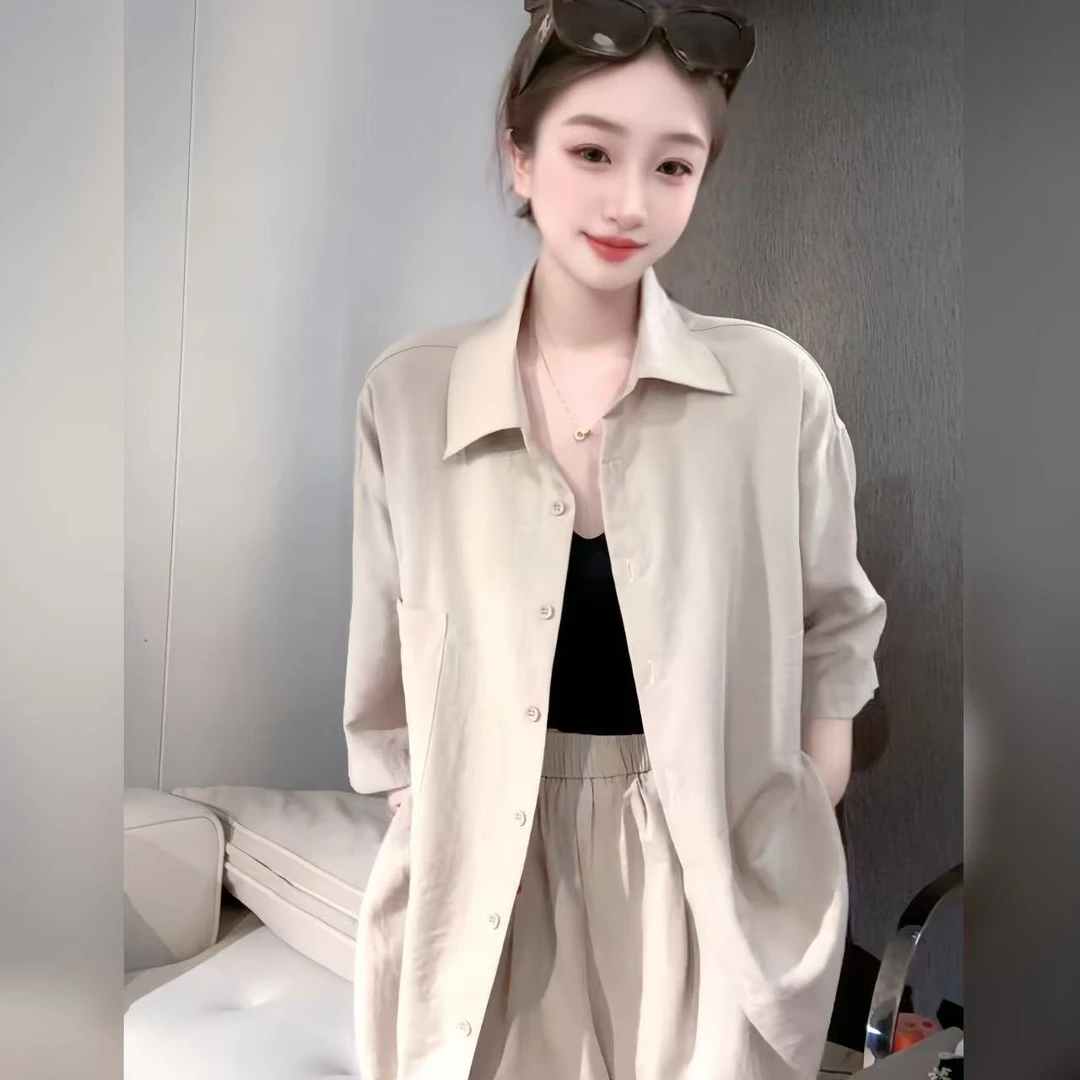 老钱风时尚短袖衬衫-夏季遮肉显瘦慵懒衬衫阔腿休闲裤两件套336#