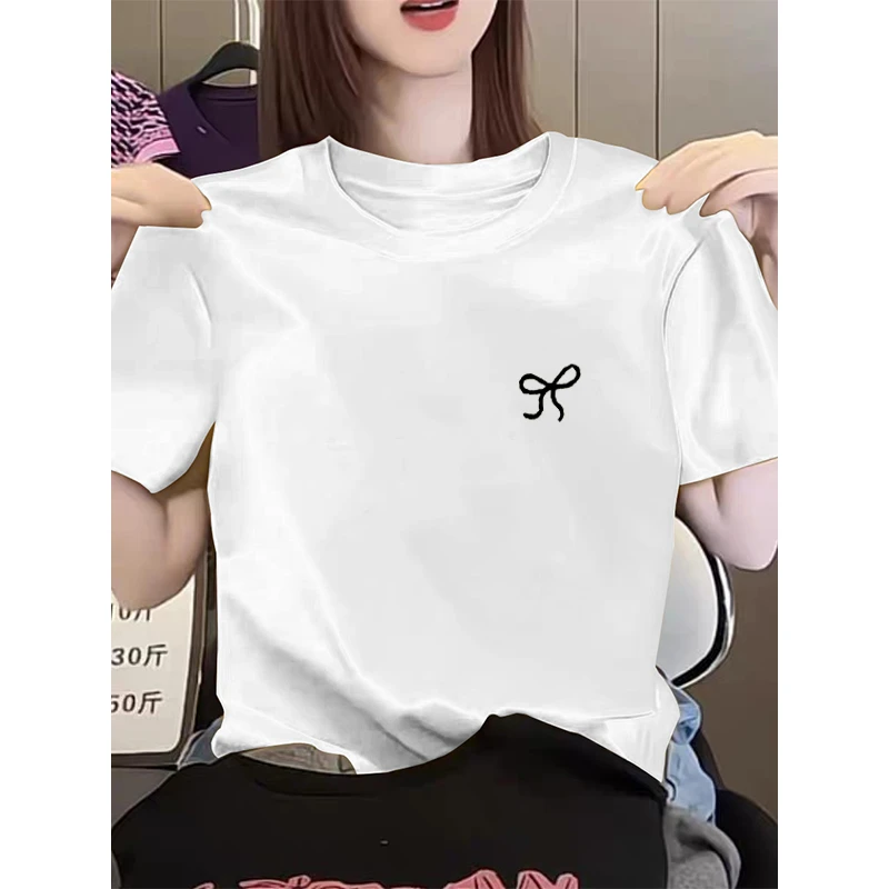 正肩短袖t恤女装大码夏季修身显瘦百搭体恤衫洋气蝴蝶结印花上衣