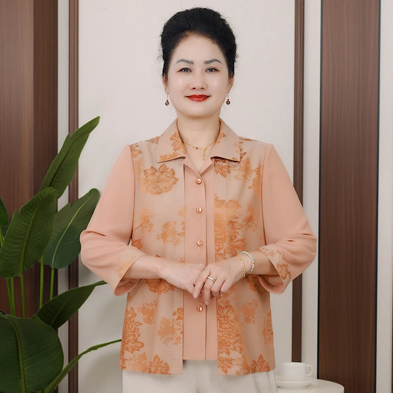 雅鹿妈妈装夏季假两件翻领大码开衫中老年女装国风奶奶上衣B25815