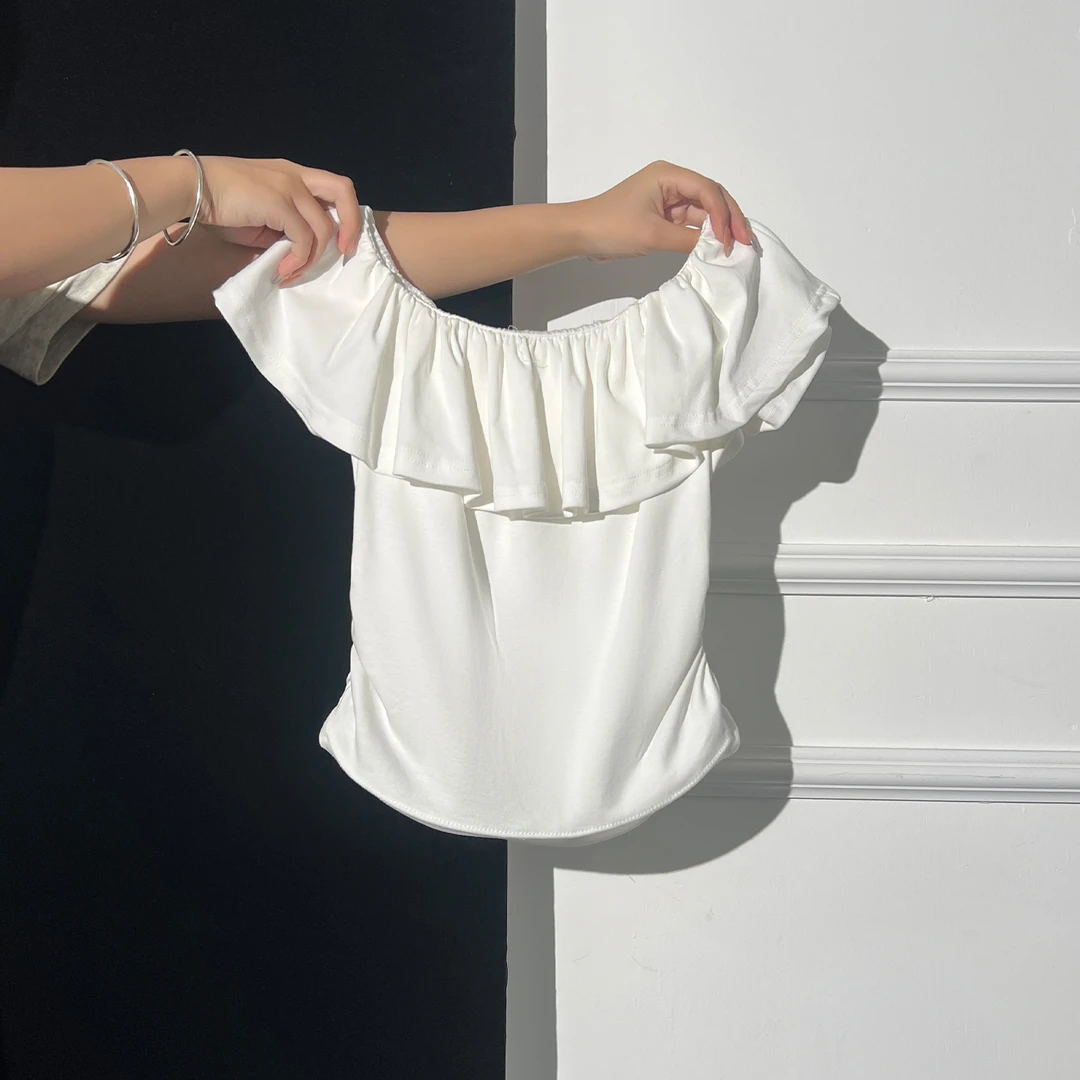 温柔风格一字肩荷叶边短袖T恤女2025年夏季新款褶皱掐腰别致上衣