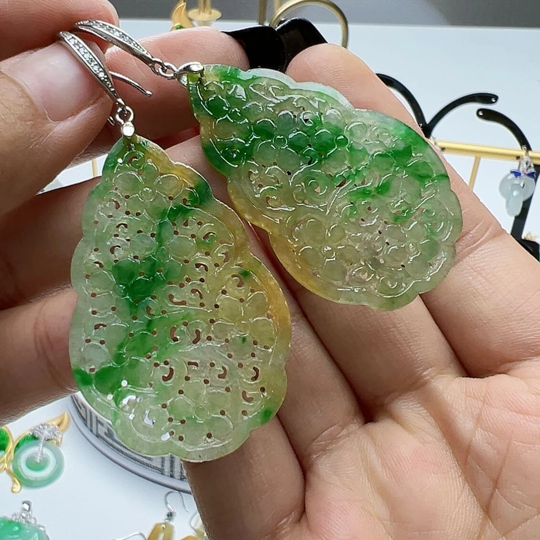 银S925镶嵌翡翠耳饰l***n天然缅甸A货翡翠