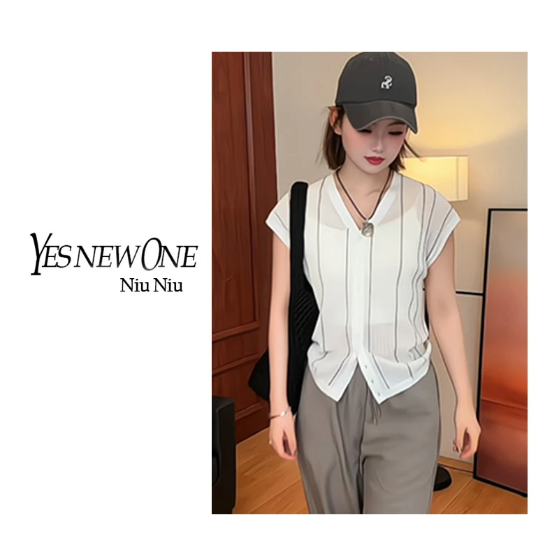 【夏夜星河】夏季开衫时尚百搭条纹显瘦镂空透气老钱拼色无袖背心