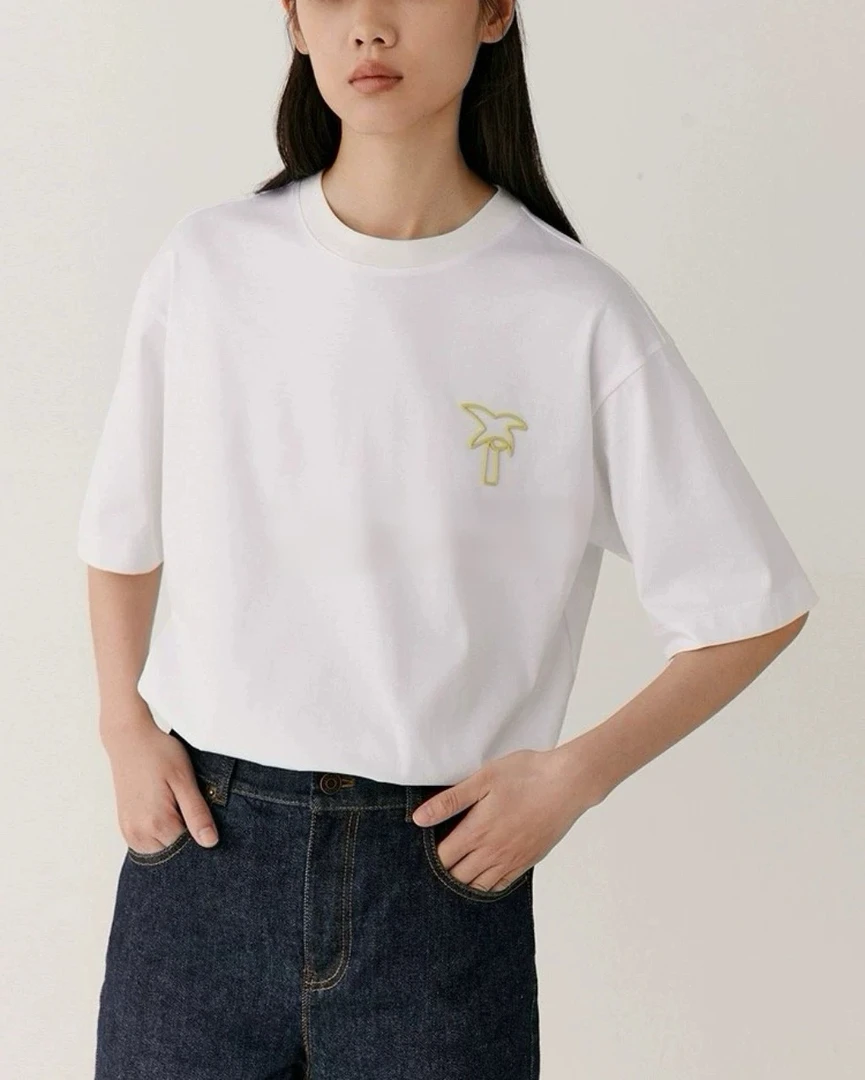 女士夏季棉椰树刺绣宽松短袖T恤