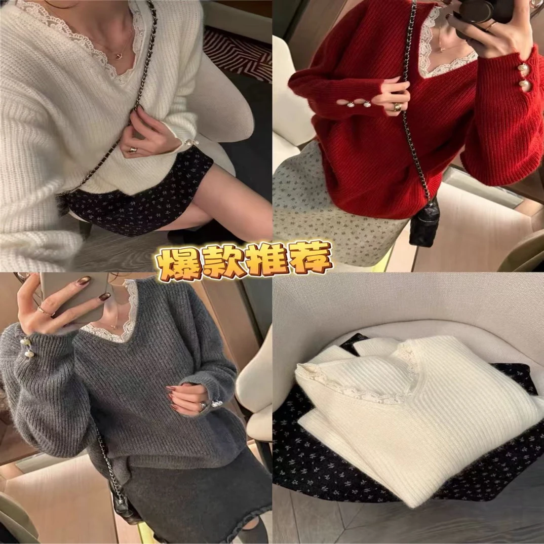 3829 蕾丝拼接羊毛秋冬针织女百搭款羊毛针织毛衣