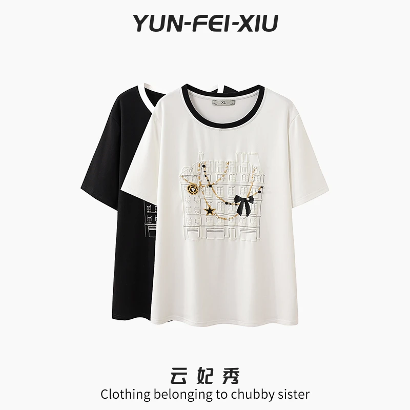 云妃秀大码女装T恤简约时尚撞色拼接图案胖妹妹上衣休闲夏季3283