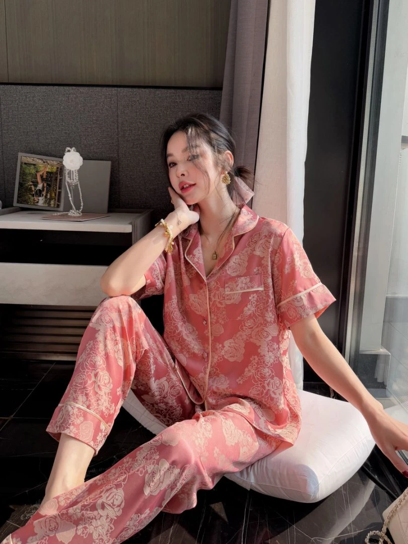 高定女士睡衣新款玫瑰花开夏季休闲提花冰雪丝套装薄款家居服