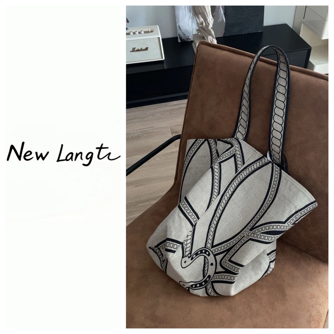 LANGTU-XL【亚麻托特包】实用时髦亚麻印花托特包百搭大容量F08234