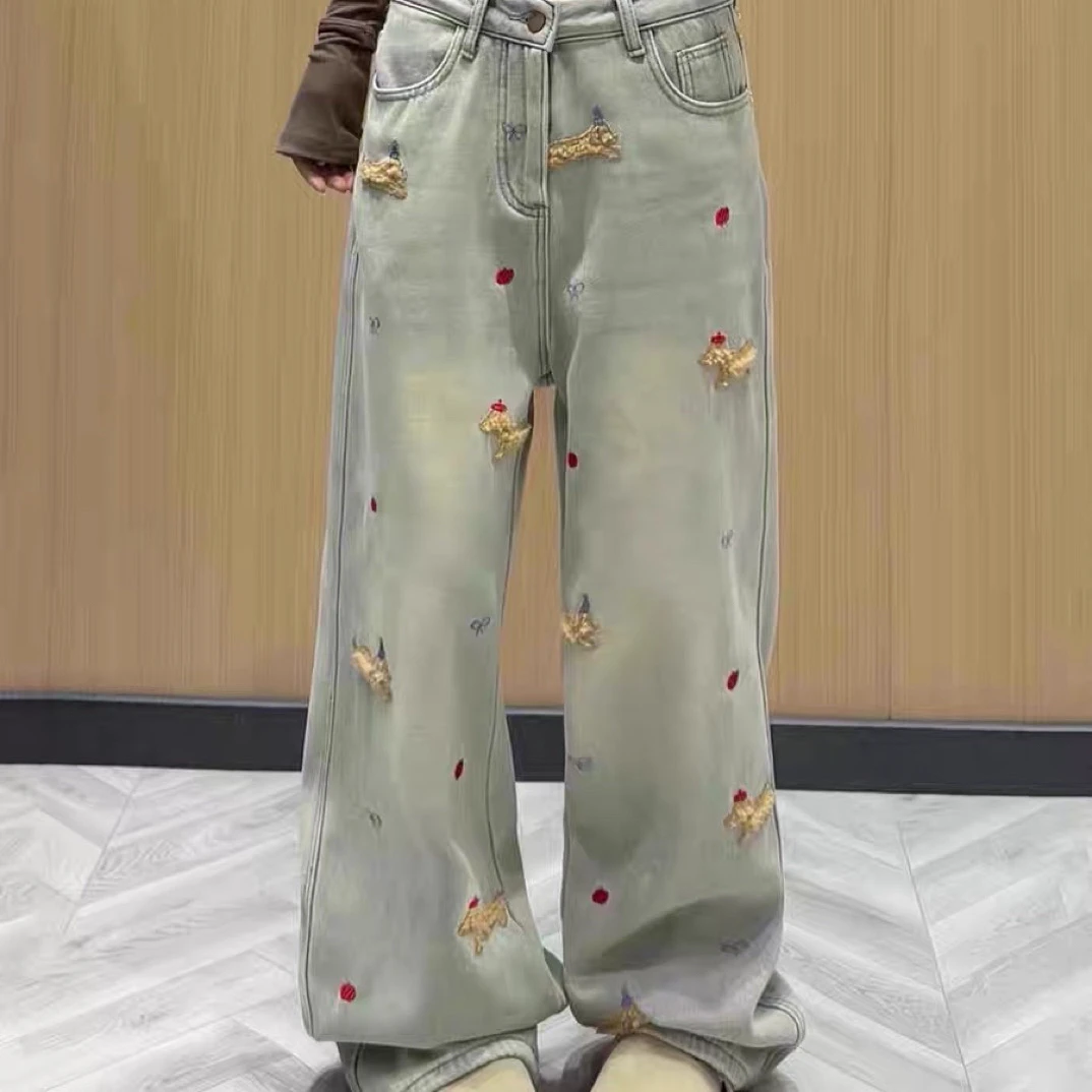 （扣眼以开，有瑕疵慎拍）重工刺绣腊肠狗直筒拖地阔腿牛仔