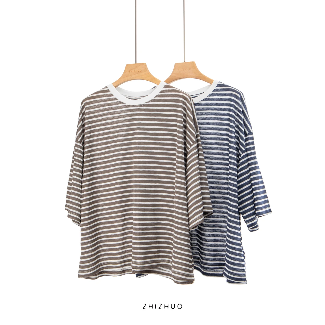 ZHIZHUO/流星轨迹夏季薄款减龄细条纹休闲百搭宽松圆领短袖女t恤