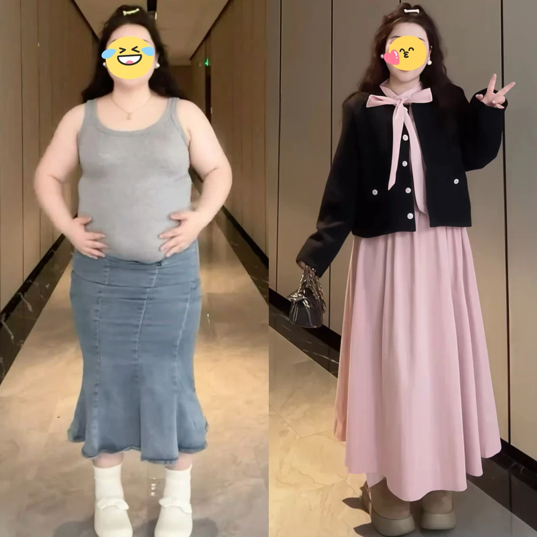 大码胖MM秋季穿搭一整套女小众法式蝴蝶结气质高腰连衣裙外套套装