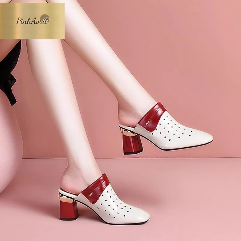 PinkAvril包头半拖鞋女2024新款洞洞凉鞋粗跟方头夏季高跟凉拖鞋