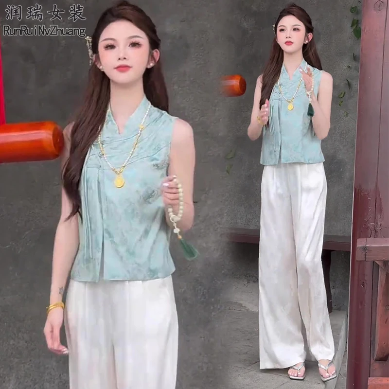短袖无袖单排多扣休闲夏季衬衫民族风绣花茶服复古唐装2025两件套