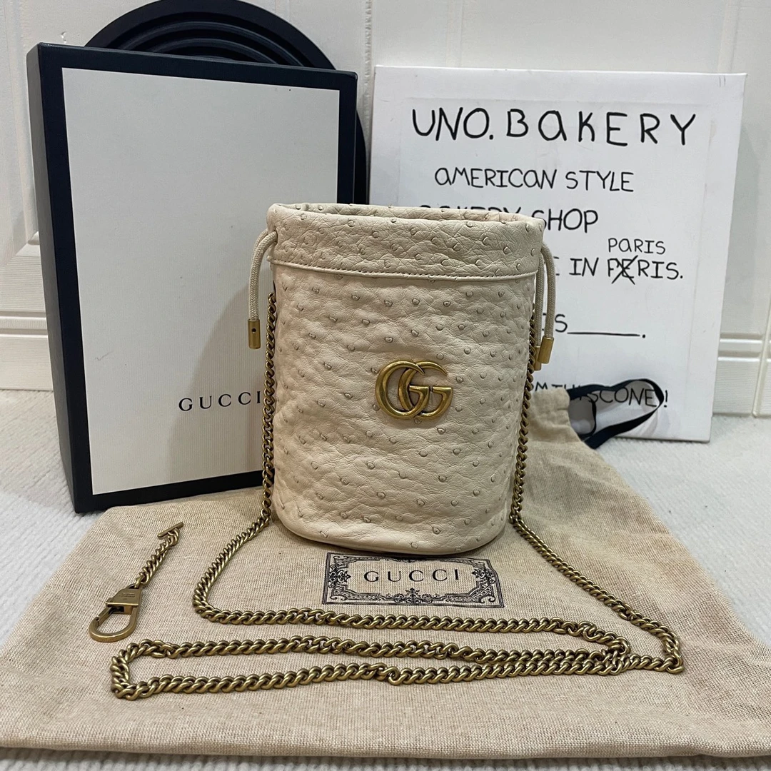 95新 GUCCI/古驰 古驰马蒙白金水桶包