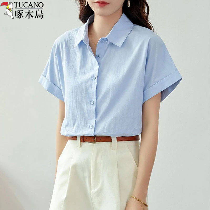 TUCANO/啄木鳥夏季纯色短袖衬衫女新款日系风宽松穿搭上衣