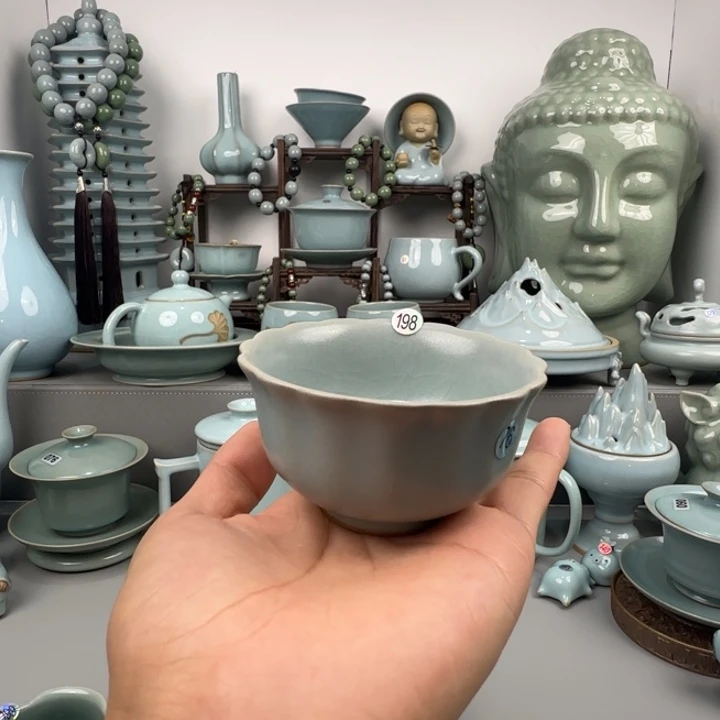 摆件汝瓷花口杯圈足烧仿古釉