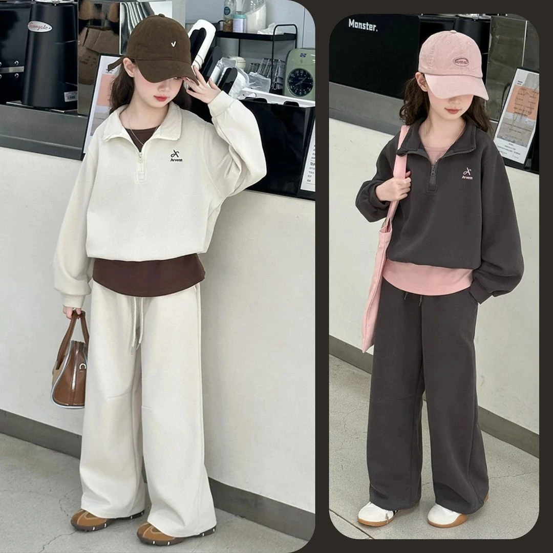 女童秋季运动假两件上衣休闲阔腿裤套装6~12夏季12岁女童运动套装