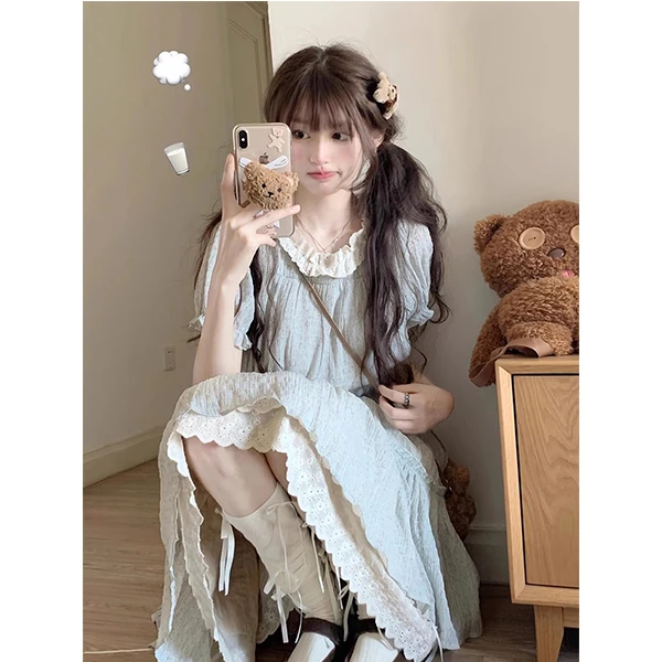 1486拼接花边短袖连衣裙女夏季新款甜美少女收腰显瘦A字长裙子