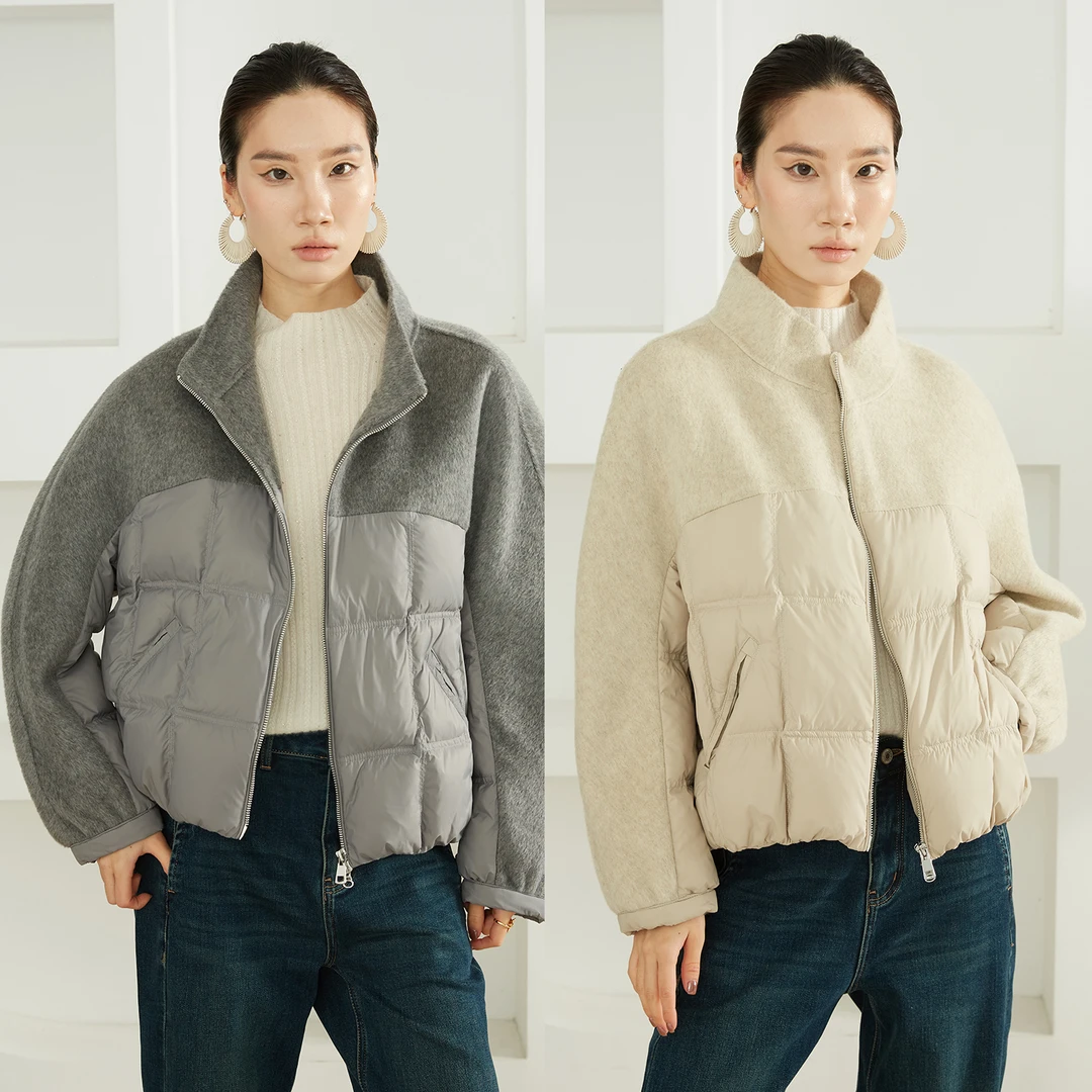 SILVIYE设计90白鸭绒羽绒服拼100羊毛立领双面呢厚外套YR52029