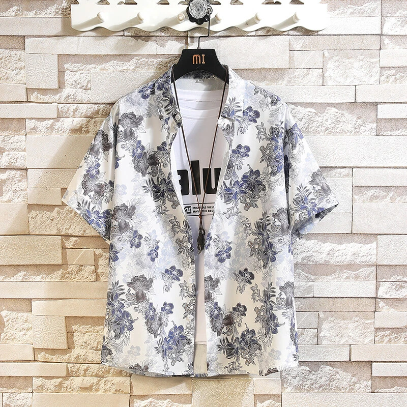 冰丝短袖衬衫男士薄款新款潮流宽松痞帅夏季休闲印花百搭半袖衬衣