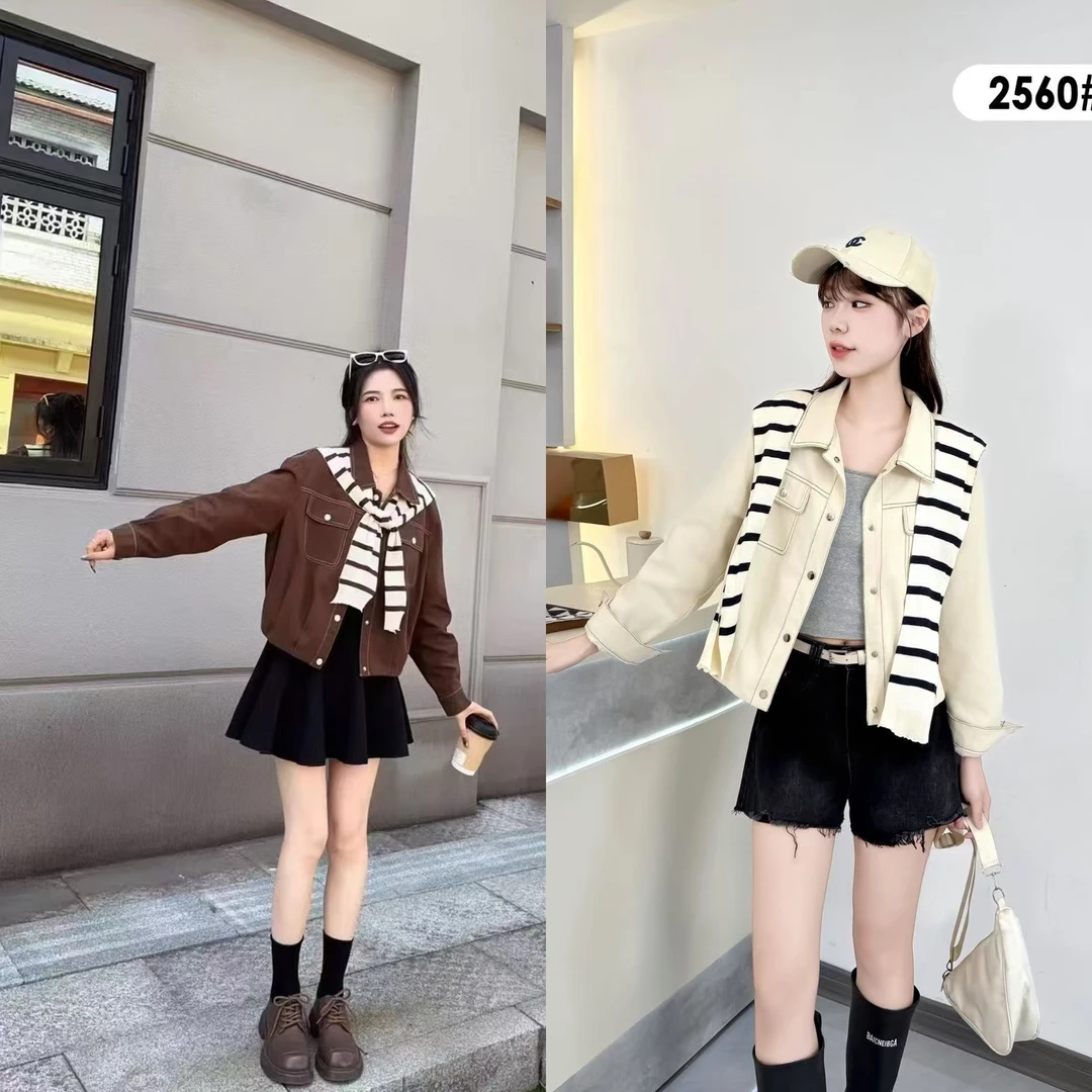 复古条纹披肩牛仔外套女2025春秋新款韩系学院风休闲百搭宽松上衣